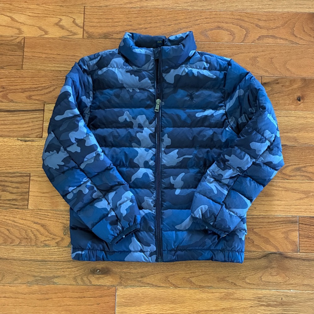 Polo Ralph Lauren Down Puffer Jacket Boys Size 8 Blue Camo Winter Coat